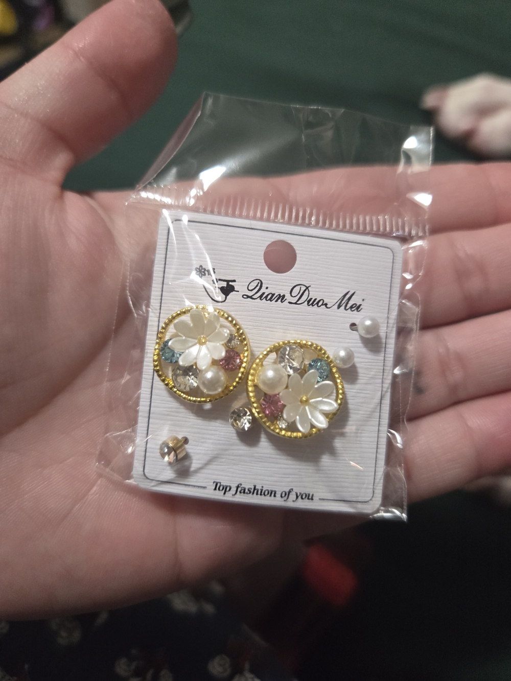 Gold Floral Pearl Earrings with Multicolor Accents - DianDuoMei